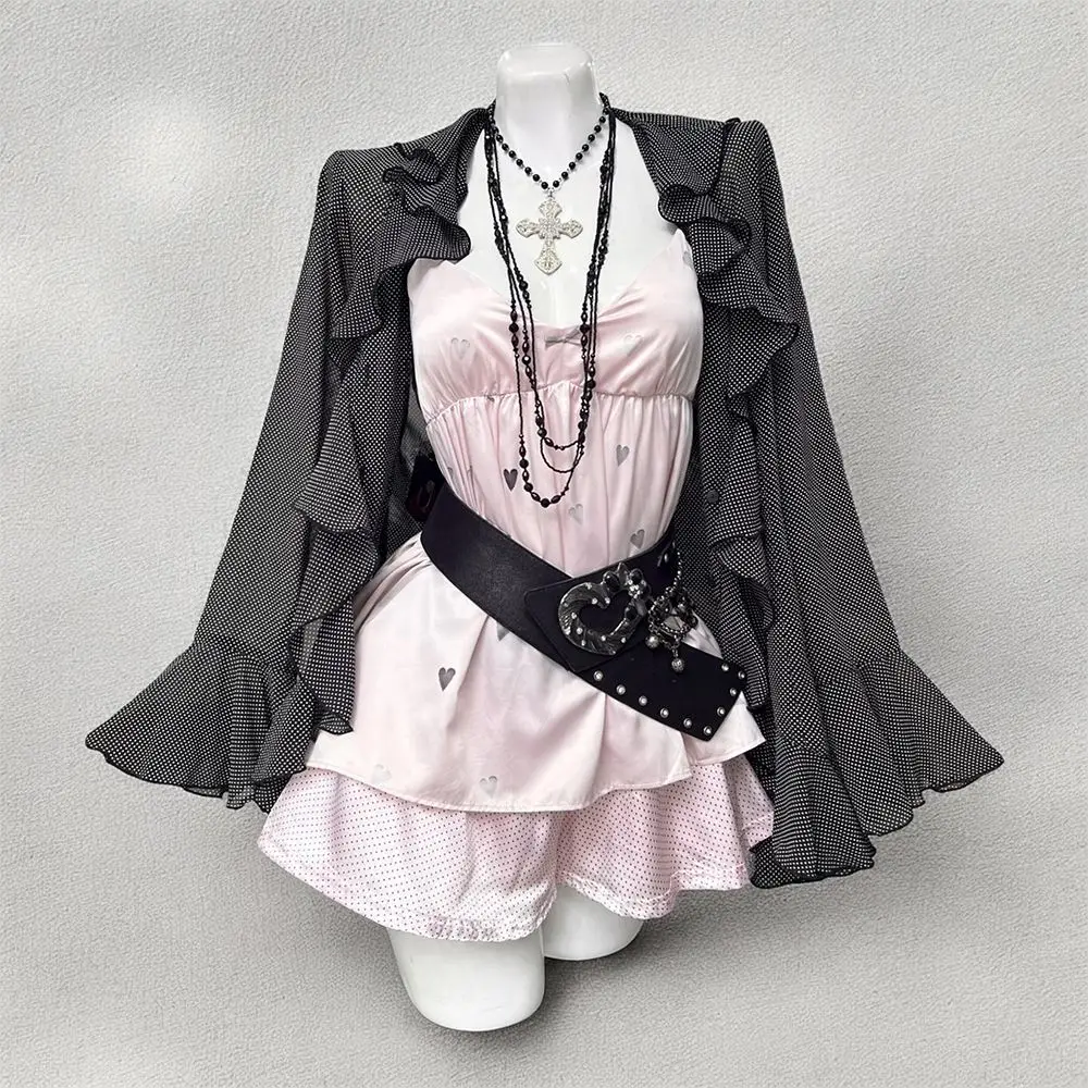 

Y2K Japanese Vintage Sweet 3 Piece Set Women Polka Dot Cardigan+ Vest + Skirts Harajuku Subculture Fashion Elegant Chic Outfits