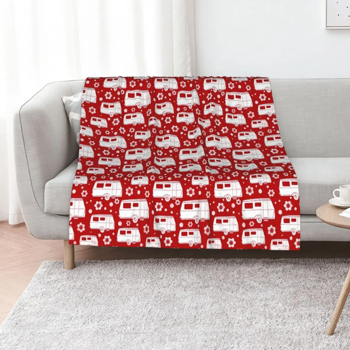 Vintage Caravan block print in red and white Throw Blanket Soft Beds Hairys Moving Soft Blankets
