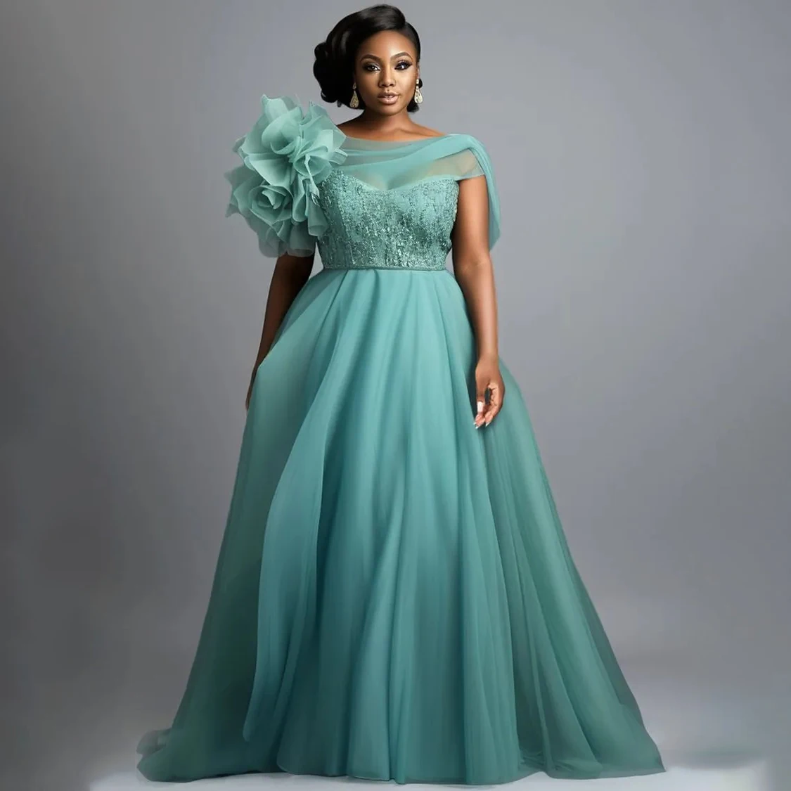 

Fabulous Plus Size Lace Prom Dresses Sheer Bateau Neck Short Sleeves Evening Gowns A Line Floor Length Chiffon Special Occasion