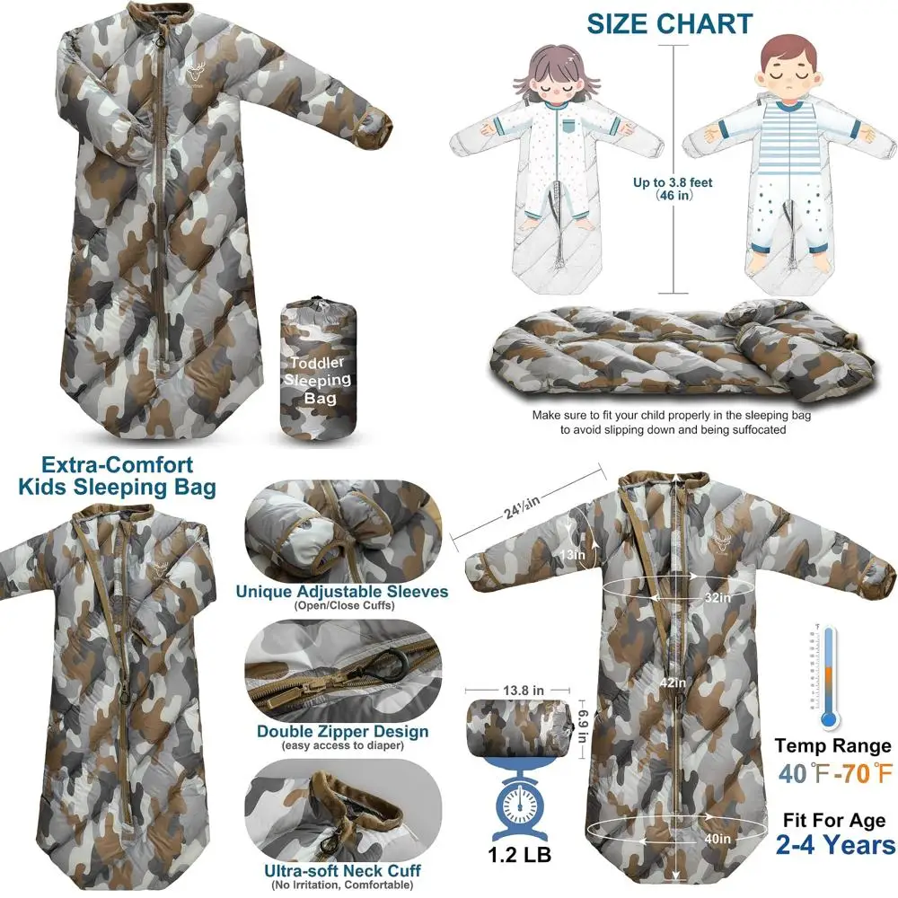 كيس نوم خفيف الوزن للأطفال للأعمار من 2 إلى 4 سنوات |   حقيبة نوم منتفخة للأطفال الصغار للتخييم، أغطية النوم |   ما يصل إلى 46 بوصة |   المدمجة و