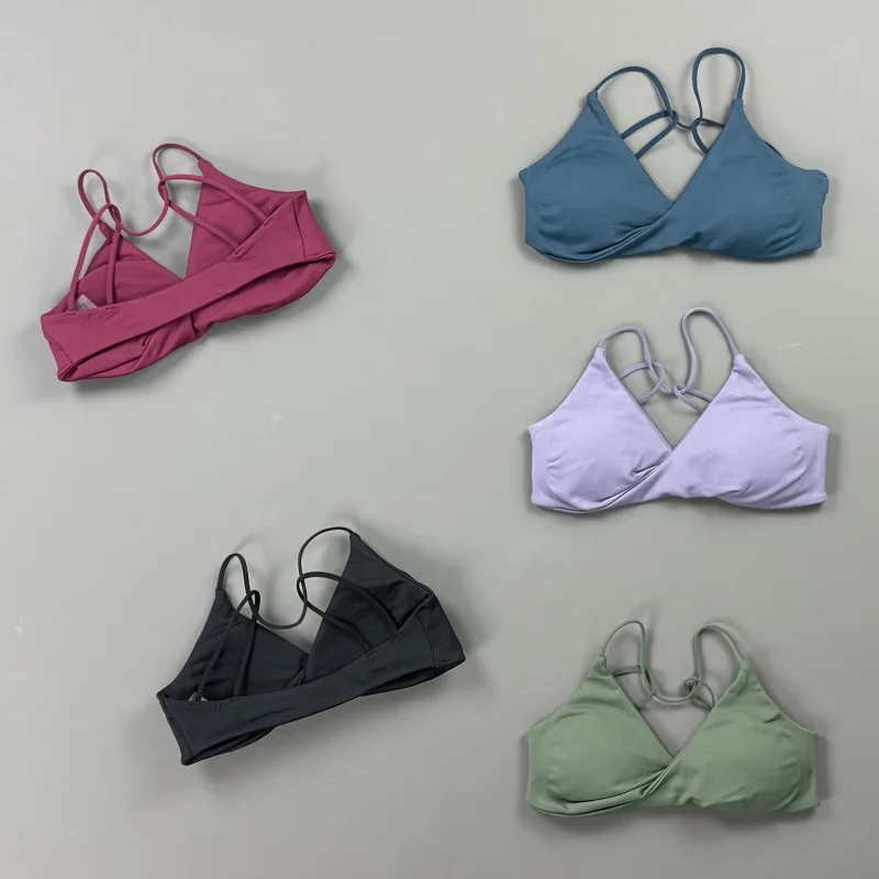 Vision Fitness Bra Women V Neck Twist Front Thin Strap Cross Back Seamless Removable Pads Soft Stretch Yoga Gym Workout Bra