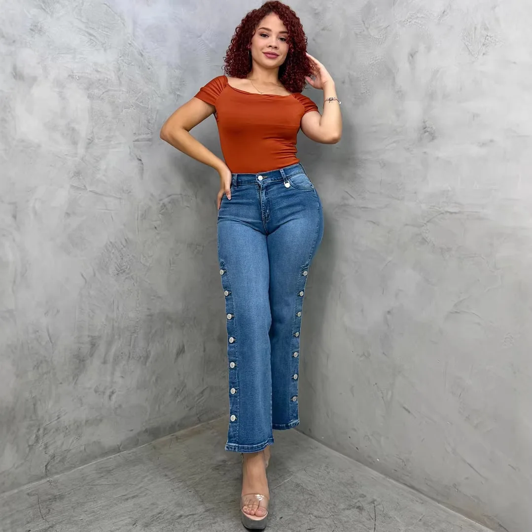 2026 Spring Summer New Women High Waist Flare Jeans Women's Street Fashion Side Button Wash Casual Pants
