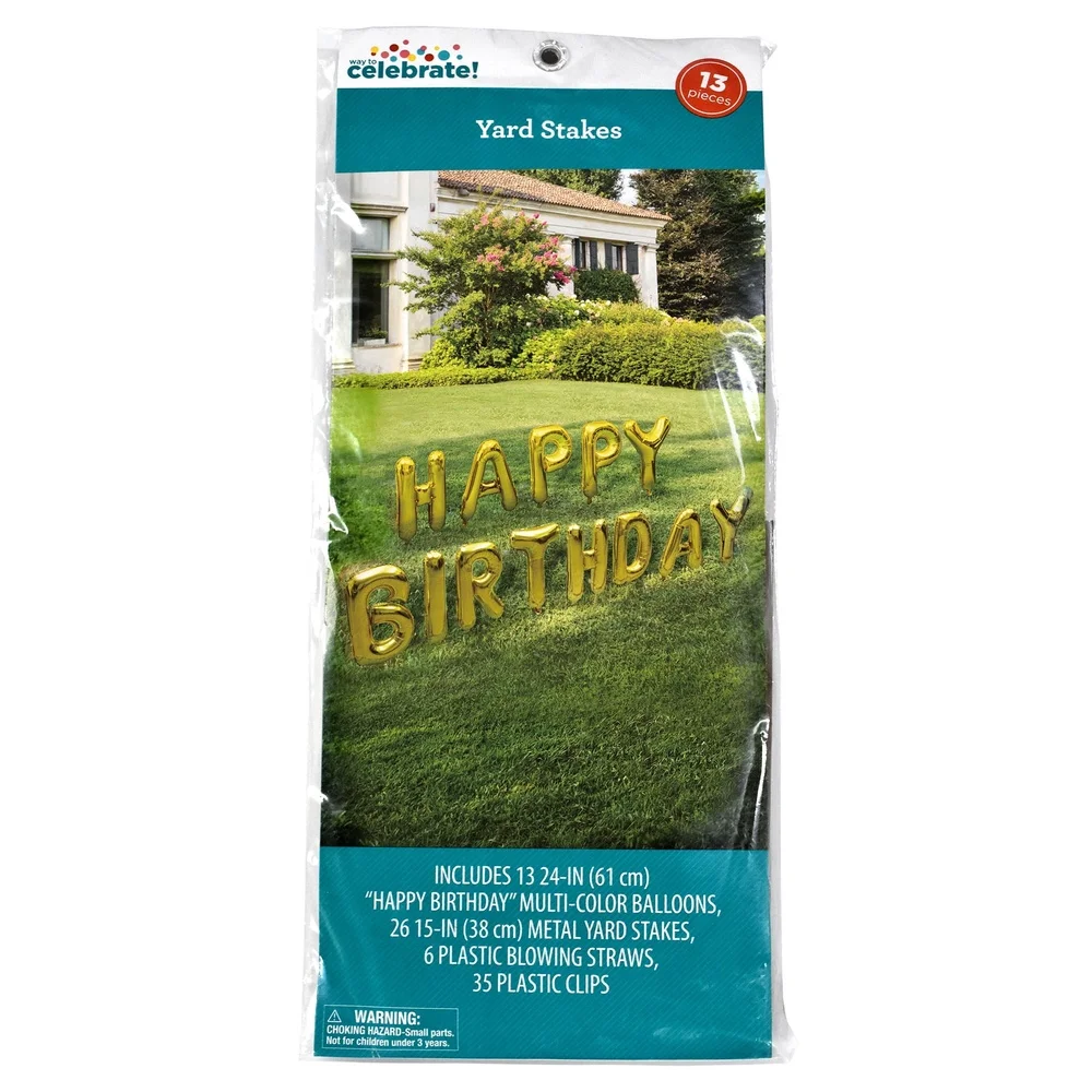 Gold Foil Happy Birthday Balloon Yard Stake Set 13 Pieces Outdoor Decor Easy Setup Includes Metal Stakes Blowing Straws Plastic
