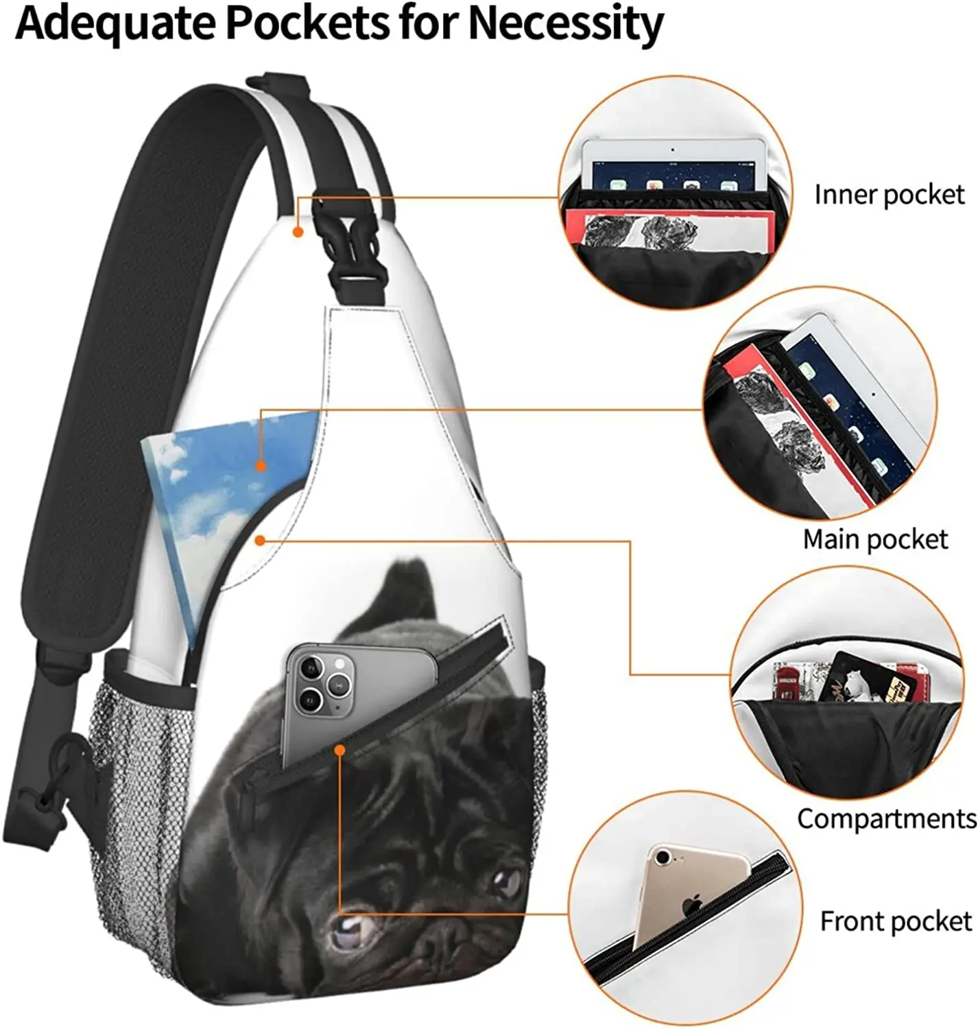 Black Pug Dog Sling Bag Crossbody Travel Hiking Chest Backpack Shoulder Daypack for Women Men One Size