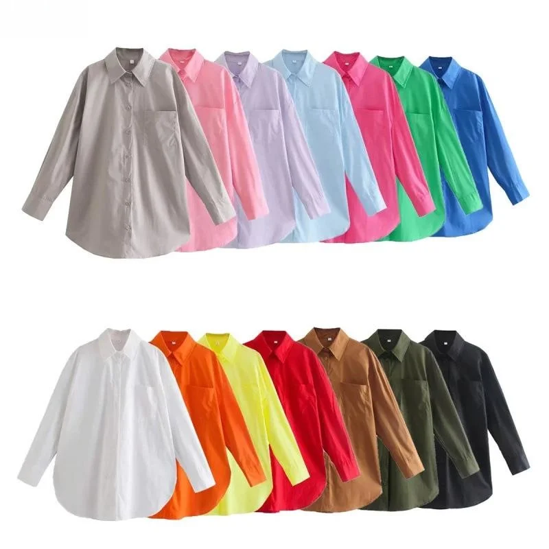 

Women's Cotton Long Sleeve Shirt Top with Pocket Embellishment European Style Pure Color Non-Stretch Fabric Shirt