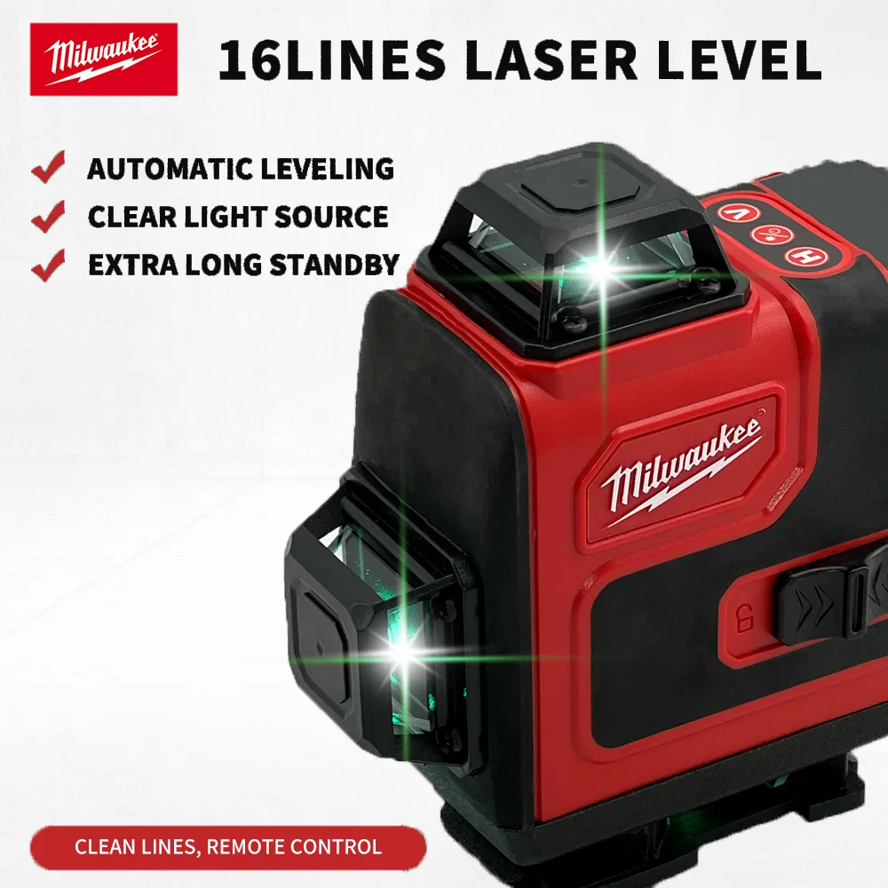 Milwaukee nível laser original verde 16 linhas 4d autonivelante 360 horizontal e vertical feixe de nível laser super poderoso