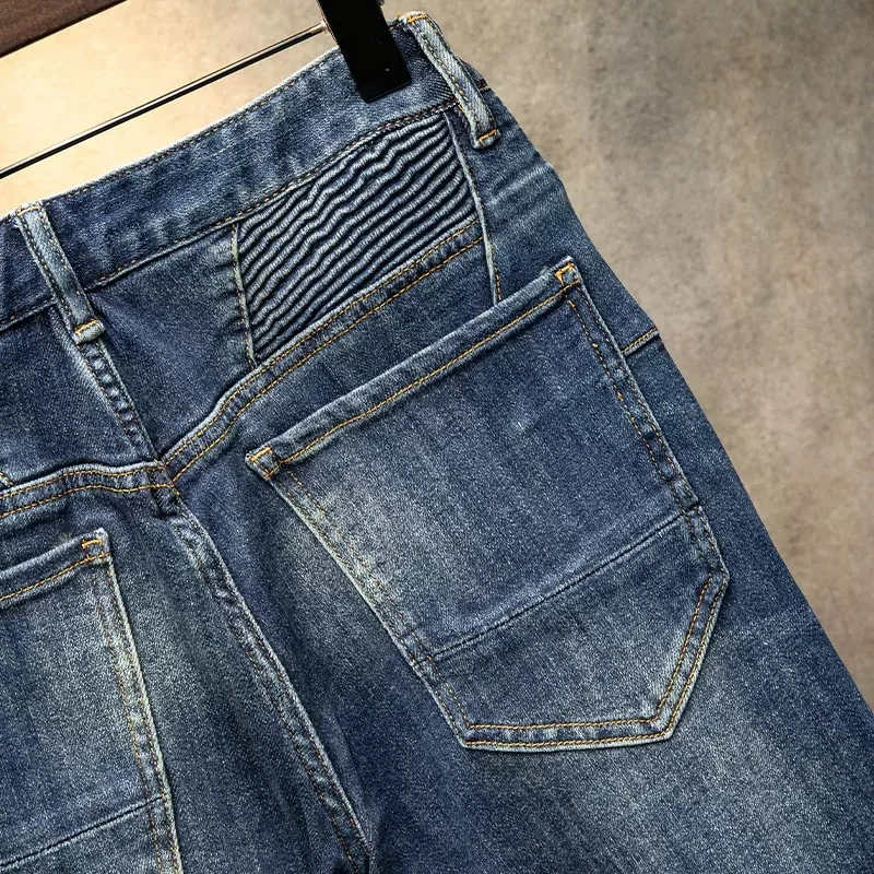 Street Fashion Men Jeans Retro Blue Spliced Designer Elastic Skinny Biker Jeans Men Punk Trousers Patched Hip Hop Denim Pants