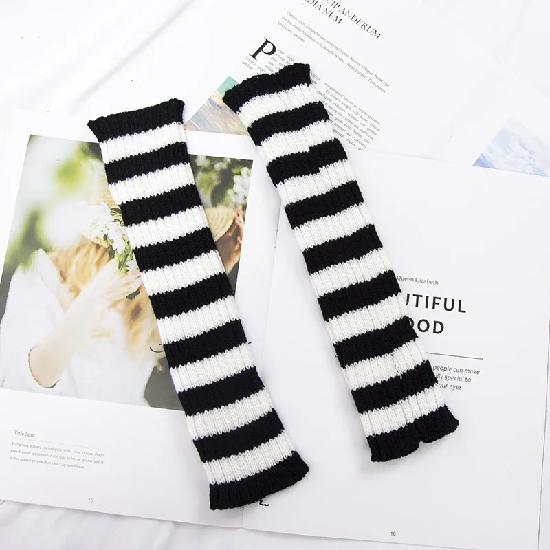 

1Pair Knit Fingerless Gloves Women Soft Black White Stripes Warm Knitted Arm Warmers Winter Hand Accessories Stylish Elastic