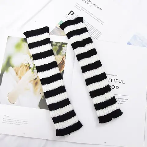 1Pair Knit Fingerless Gloves Women Soft Black White Stripes Warm Knitted Arm Warmers Winter Hand Accessories Stylish Elastic