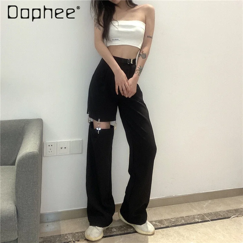 Hip Hop Buckle Pants Women Hollow Out Loose High Waist Slim Straight Leg Pants Asymmetry Streetwear Black Gothic Punk Trouser