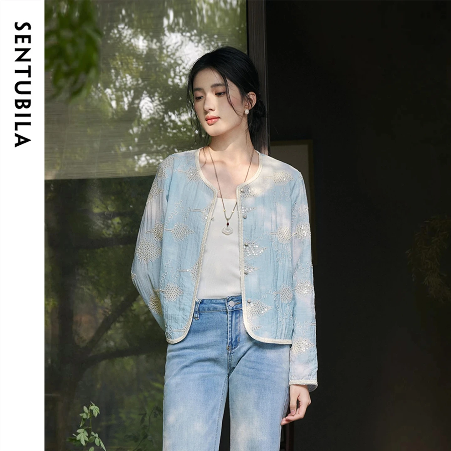 SENTUBILA Women New Chinese Style Embroidered Jacket 2026 Spring Elegant Casual Round Neck Pearl Button Chiffon Coat 161WP5404