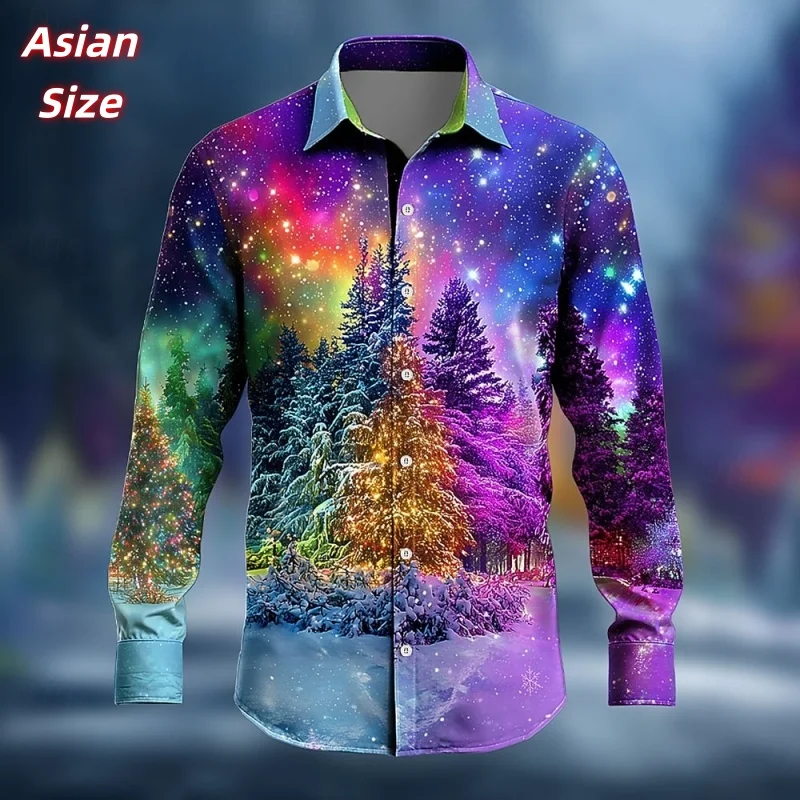 

Color-Gradient Tree Pattern Hawaiian Shirts For Men Women Christmas 3D Printed Aloha Shirts Casual Tops Loose Long Sleeve Blouse