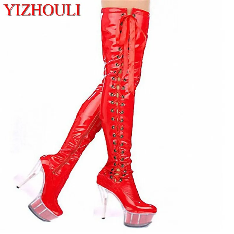 

15cm high-heeled shoes crystal cutout boots over-the-knee platform boots Thigh High Boots 6 inch lady strappy pole dance shoes