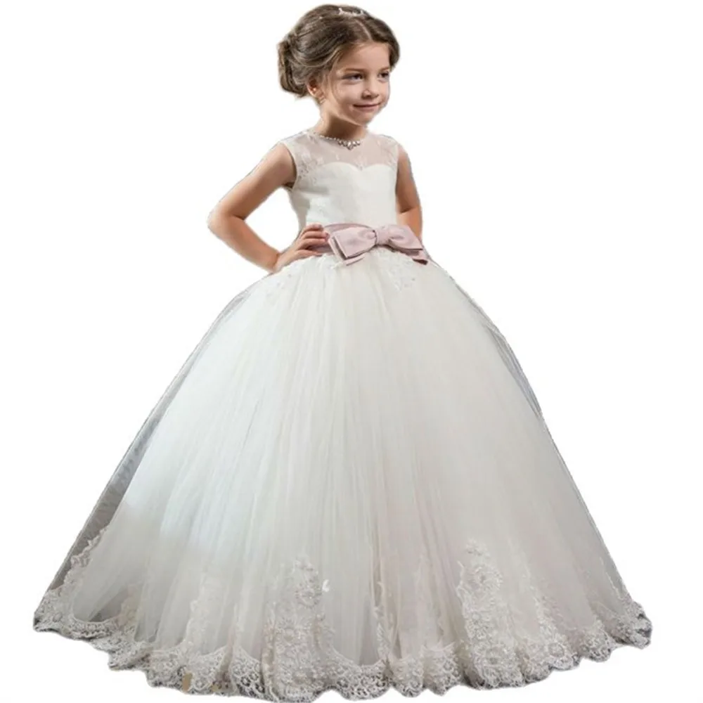 

Customized White Ball Gown Baby Flower Girl Dresses Appliques Tulle Children Wedding Birthday Prom Evening Gowns