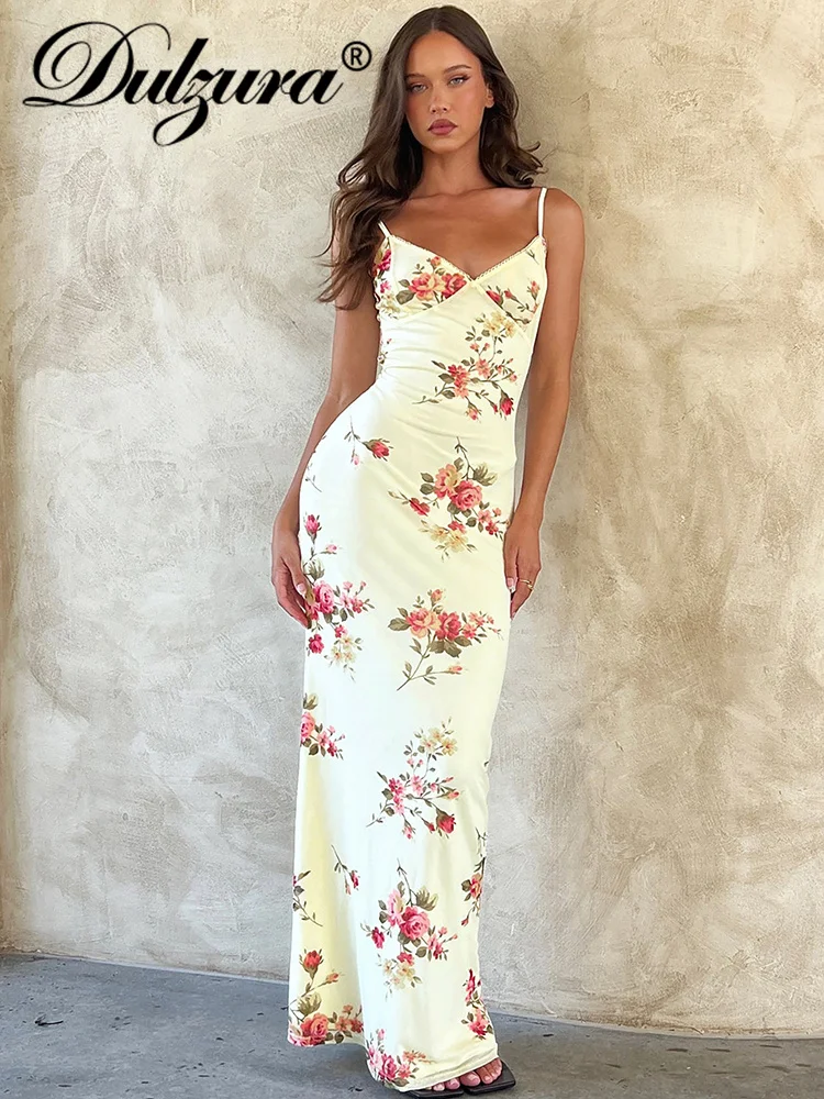 Dulzura seksowne ubrania Y2K kwiatowy Print bez rękawów Bodycon sukienki Maxi dla kobiet 2023 klub urodziny elegancki strój