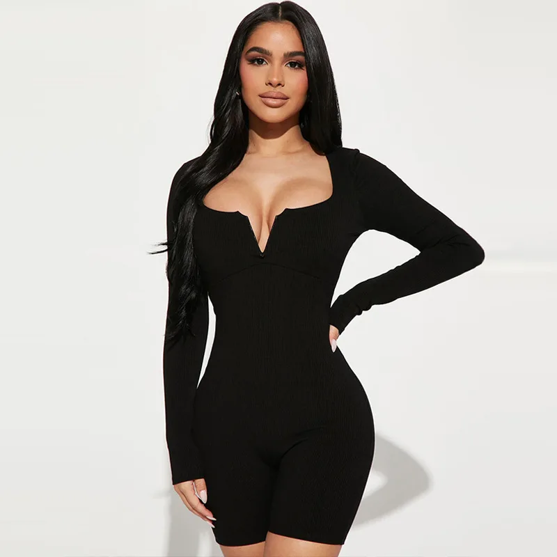 Gentillove Dames Lange Mouw Inkeping V-Hals Sexy Bodycon Romper Solide Geribbeld Sport Jumpsuit