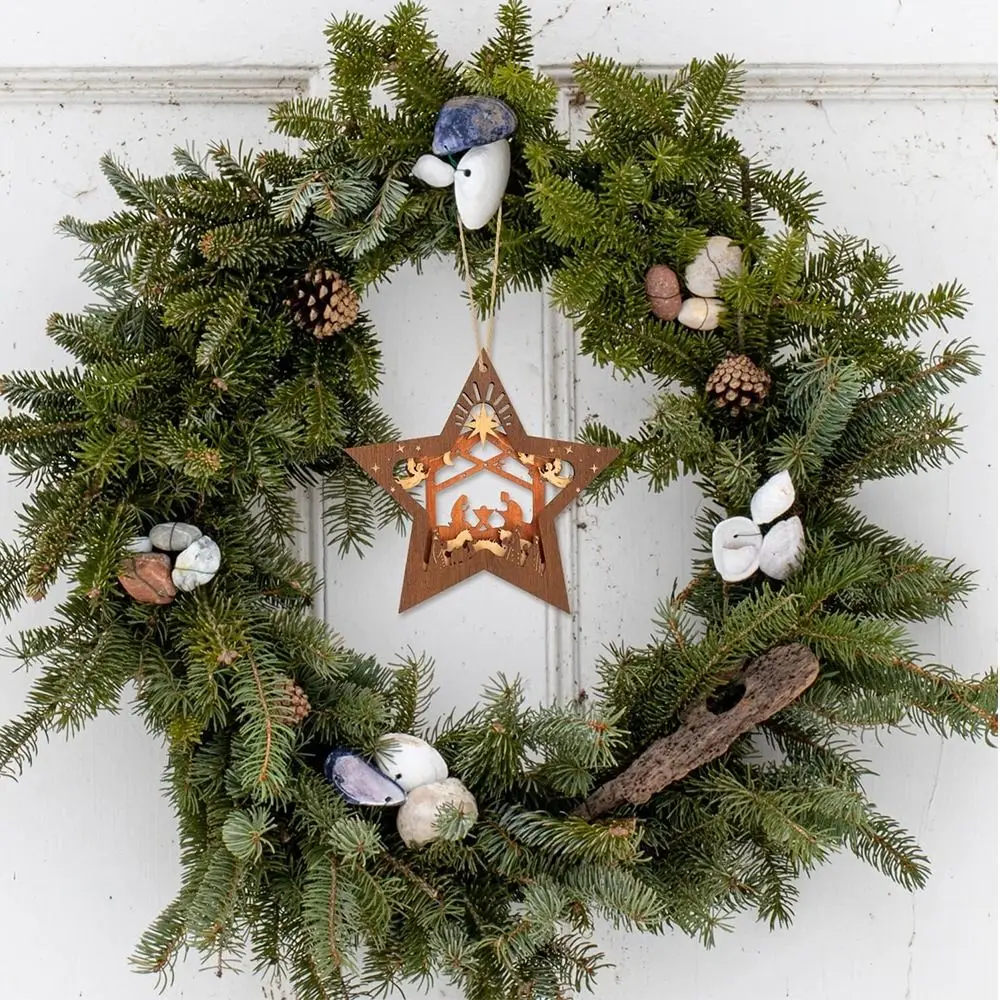 Wooden Christmas Tree Ornaments Five-pointed Star Design Religous Christmas Tree Pendant Nativity Scene Craft