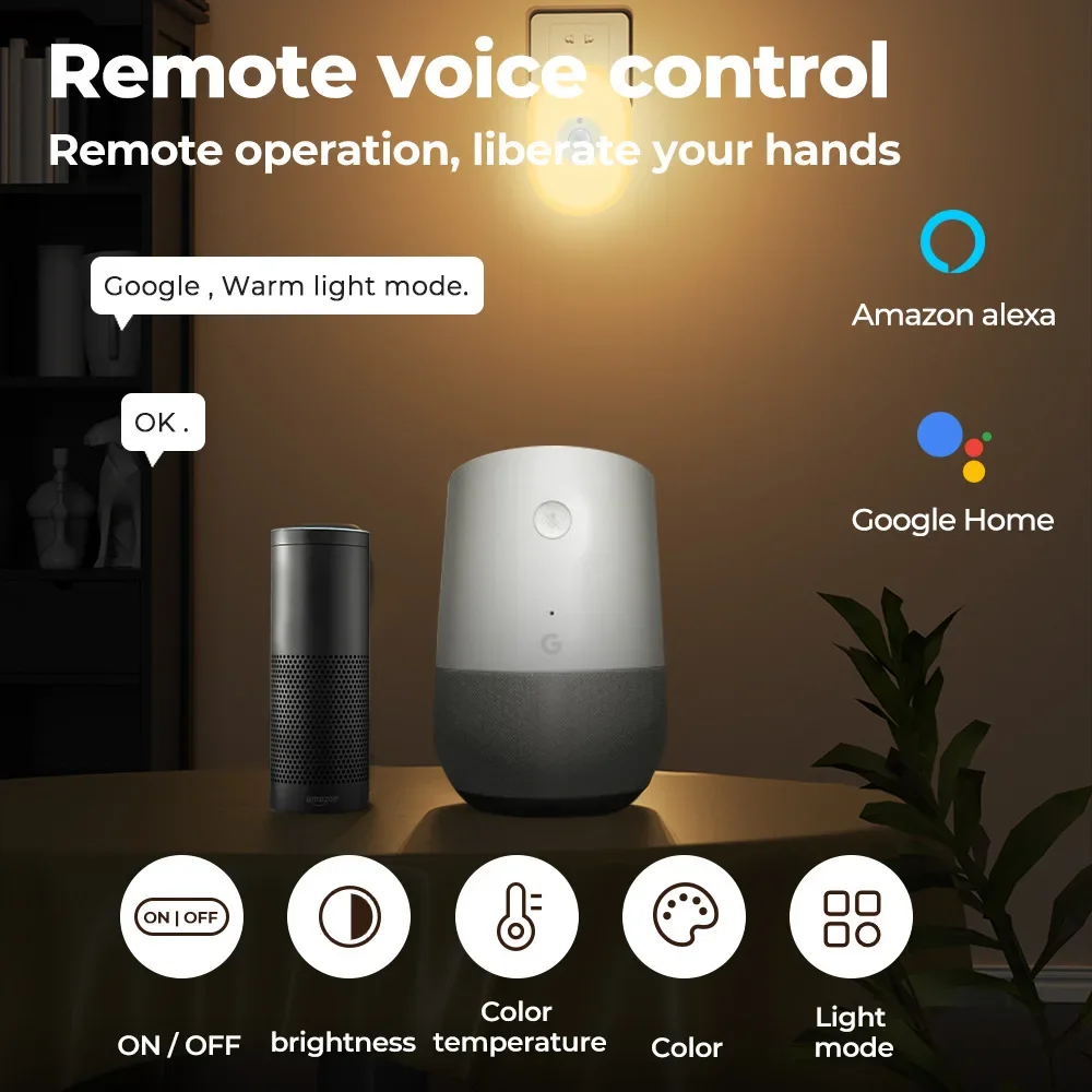 Lampu malam LED cerdas Tuya, lampu dinding Sensor inframerah nirkabel WIFI, lampu pengatur waktu Suara kamar RGB, lampu di samping lampu untuk Alexa Google Home