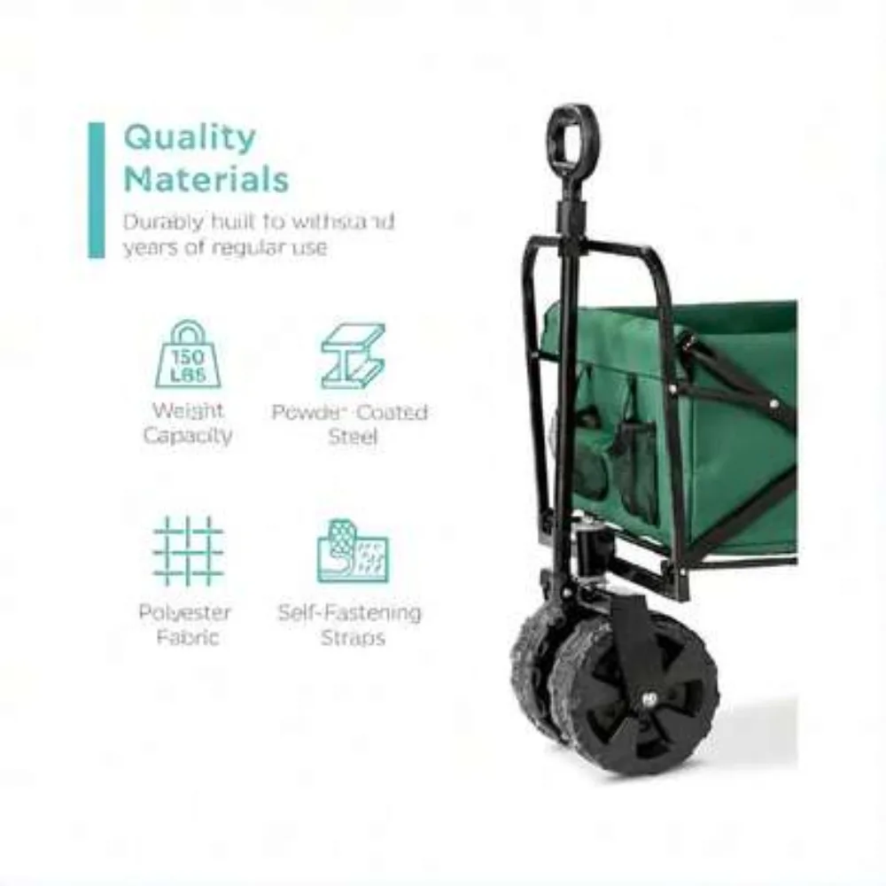 Collapsible Folding Utility Wagon Cart with 36 Inch Deep Storage, 150lb Heavy Duty Load Capacity, Adjustable Handle, 360 Degree Swivel Wheels, Portable Garden Shopping Cart for Camping Beach Yard Grocery, Easy Storage, No Assembly Required