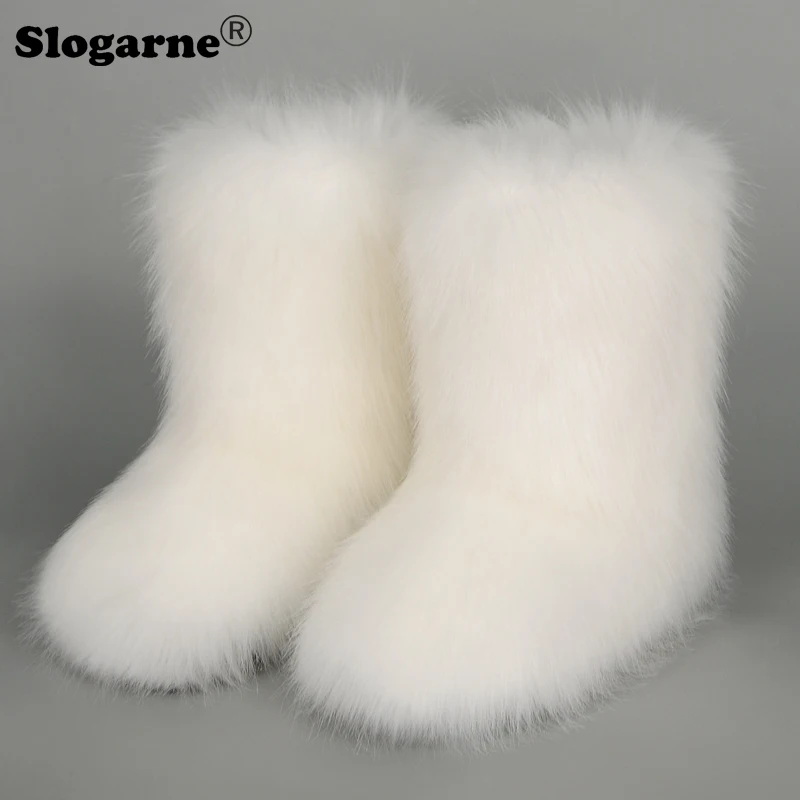 Women\'s Winter Snow Boots Outdoor Luxury Furry Faux Fox Fur Boots Woman Plush Warm Platform Shoes New Fashion Bottes Big Size 44