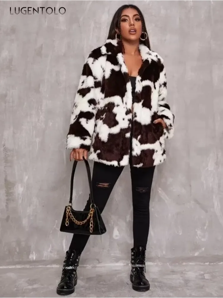 Women Faux Fur Jacket Autumn Winter Harajuku-style Cow Print Black White Coet Female Loose New Fashion Warm Cloth