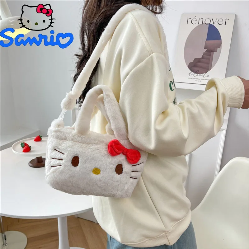 Kawaii Sanrio Olá Kitty Plushie Saco Cinnamoroll Kuromi Bolsa De Ombro Bonito Melodia Stuffed Storage Handbag Presente de Aniversário para a Menina