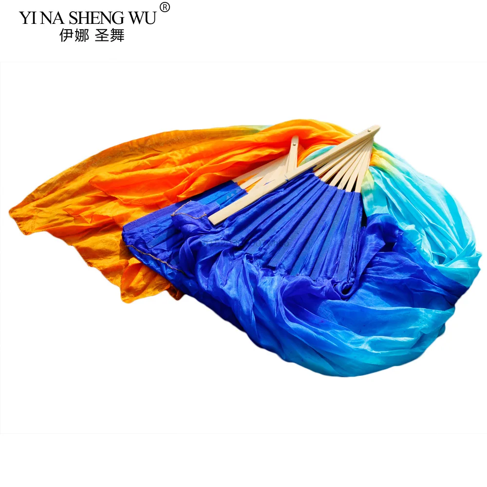 Najnowsze wachlarze do tańca brzucha, 100% jedwab, ręcznie robione wachlarze taneczne, 1 wachlarz na lewą rękę + 1 wachlarz na prawą rękę, królewski niebieski + turkusowy + pomarańczowy jedwabny wachlarz