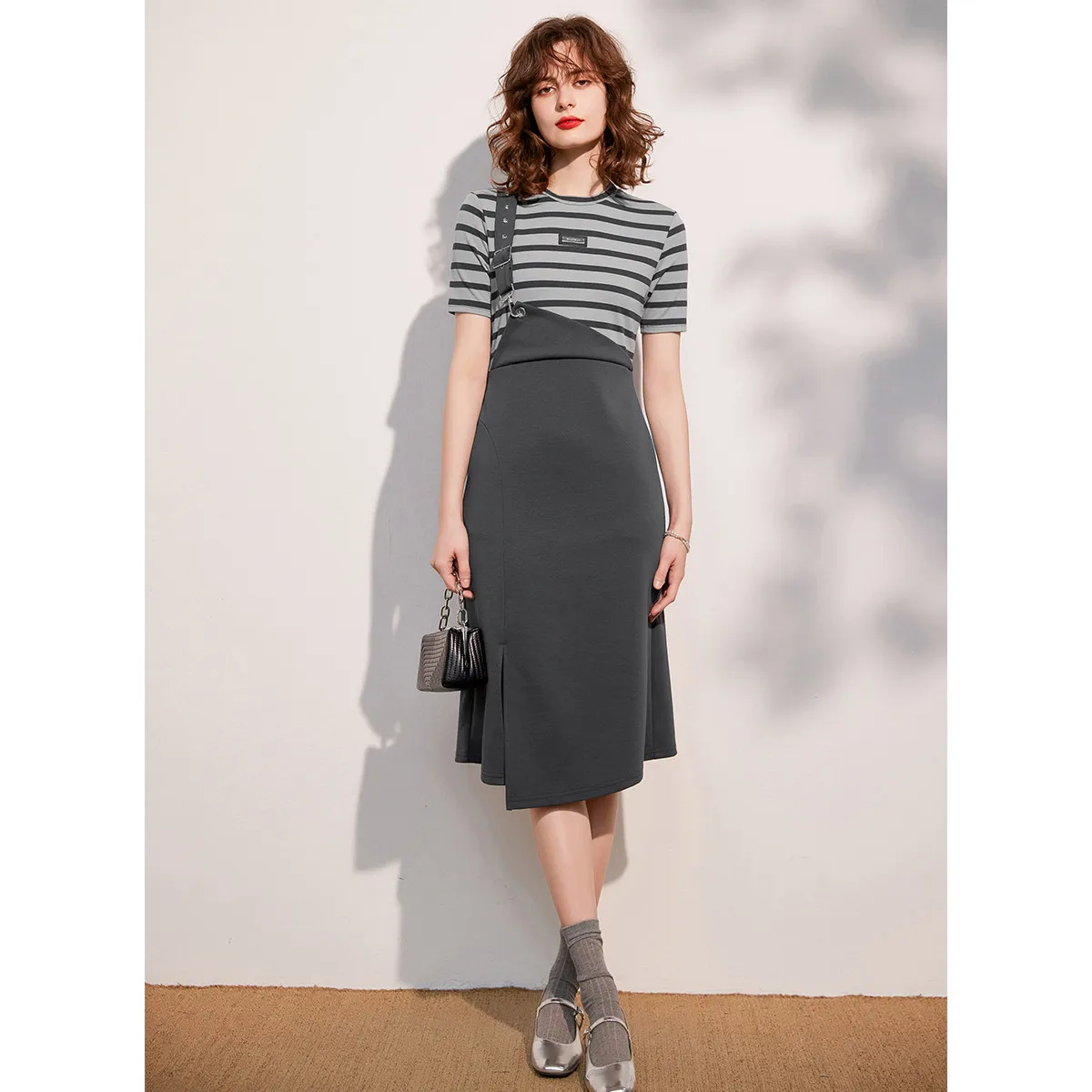 LOUIS YAO Women Fake Two Pieces Dress Unilateral Shoulder Strap O Neck Short Sleeve Striped Dress 2024 Summer Slim Fit Dress