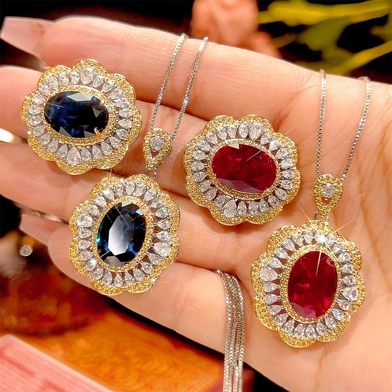 

Luxury Oval Blue Sapphire Red Ruby Ring Necklace Adjustable Gold Tone Flower Halo CZ Stone Jewelry for Women Wedding Party Gift