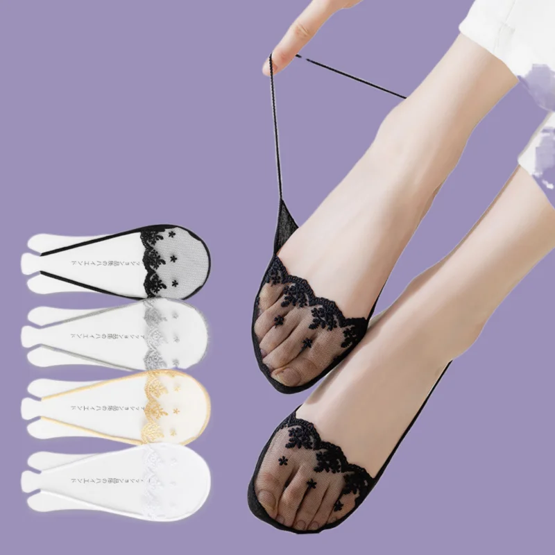 

2/5 Pairs Spring And Summer Thin Lace Suspender Boat Socks Non-slip No-fall Heels Single Shoes Invisible Shallow Mouth Socks