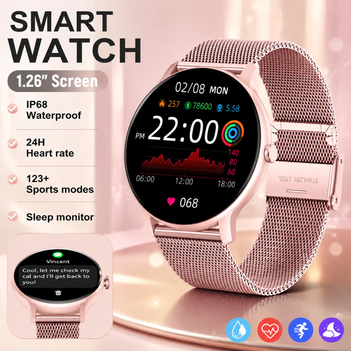 2026 Smart Watch Women Health Monitoring IP68 Waterproof Multi-sports Modes Breath Training Bluetooth Call Smartwatch For Women