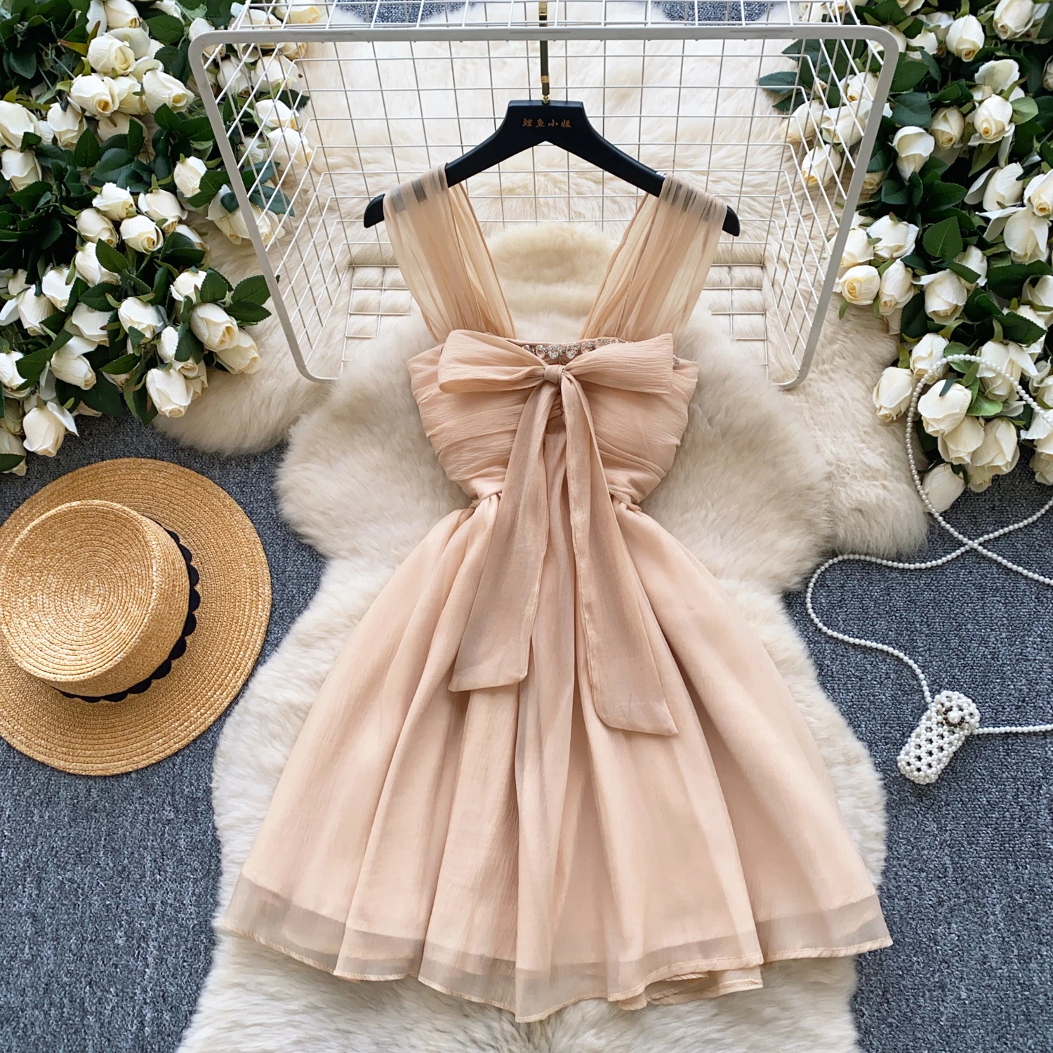 

Purple Green Mesh Chiffon Summer Slash Neck Beads Bow Mini Party Dress Women Off Shoulder A-line Short Suspender Fairy Dress