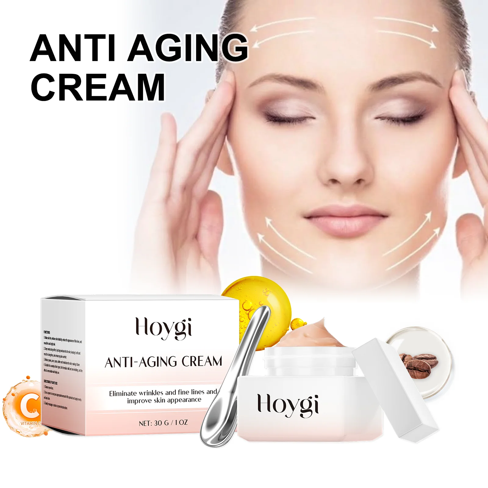 Hoygi Crema antienvejecimiento Reducción de arrugas clínicamente probada Estiramiento de la piel Hidratante facial para todo tipo de piel grasa seca sensible