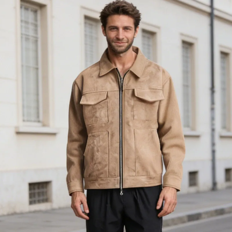 Featuring Large Pockets and Pure Color Temperament.A Trendy Men's Jacket with Thickened Deerskin and Zippers for Autumn Winter.