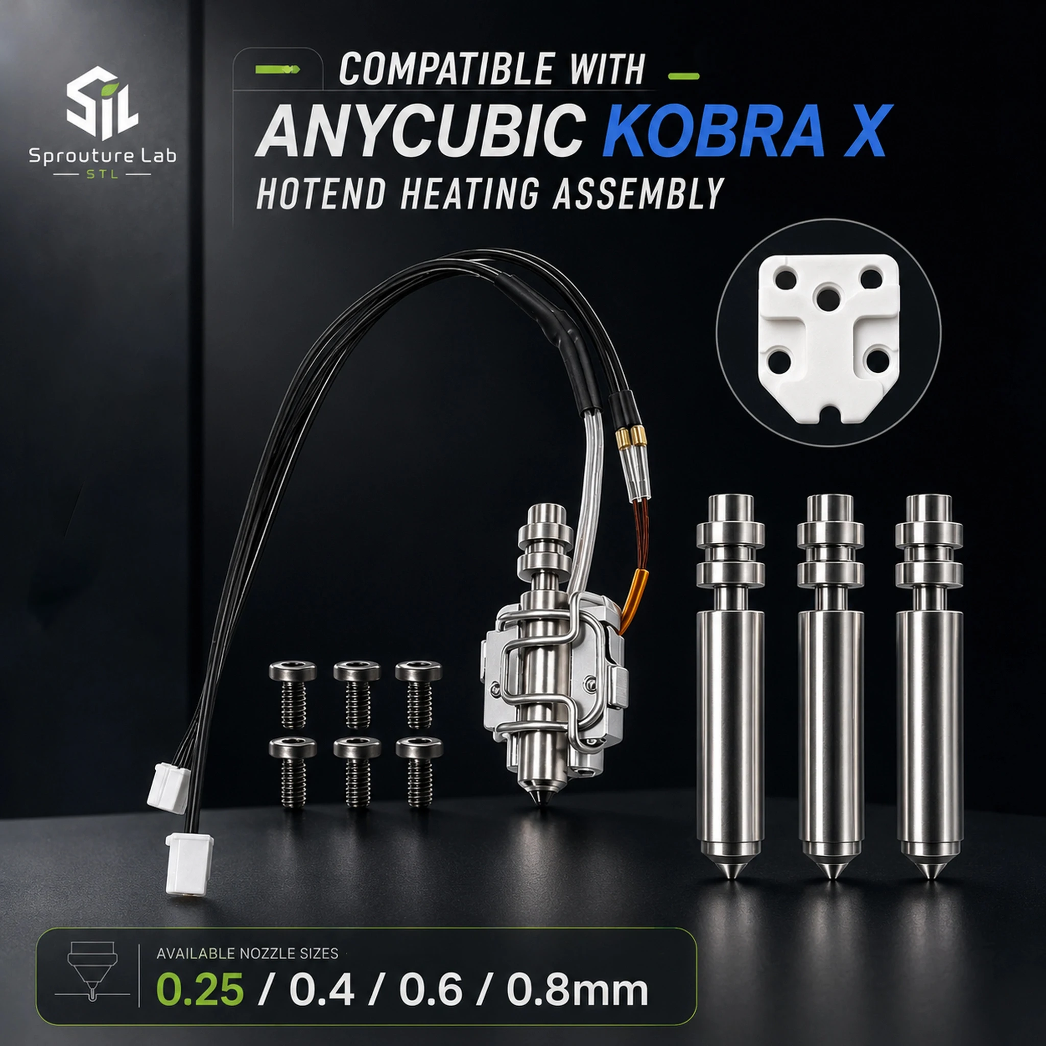 0,25/0,4/0,6/0,8 mm Düsen-Heizelement in mehreren Größen, kompatibel mit ANYCUBIC Kobra X Düsen-3D-Drucker-Teilen