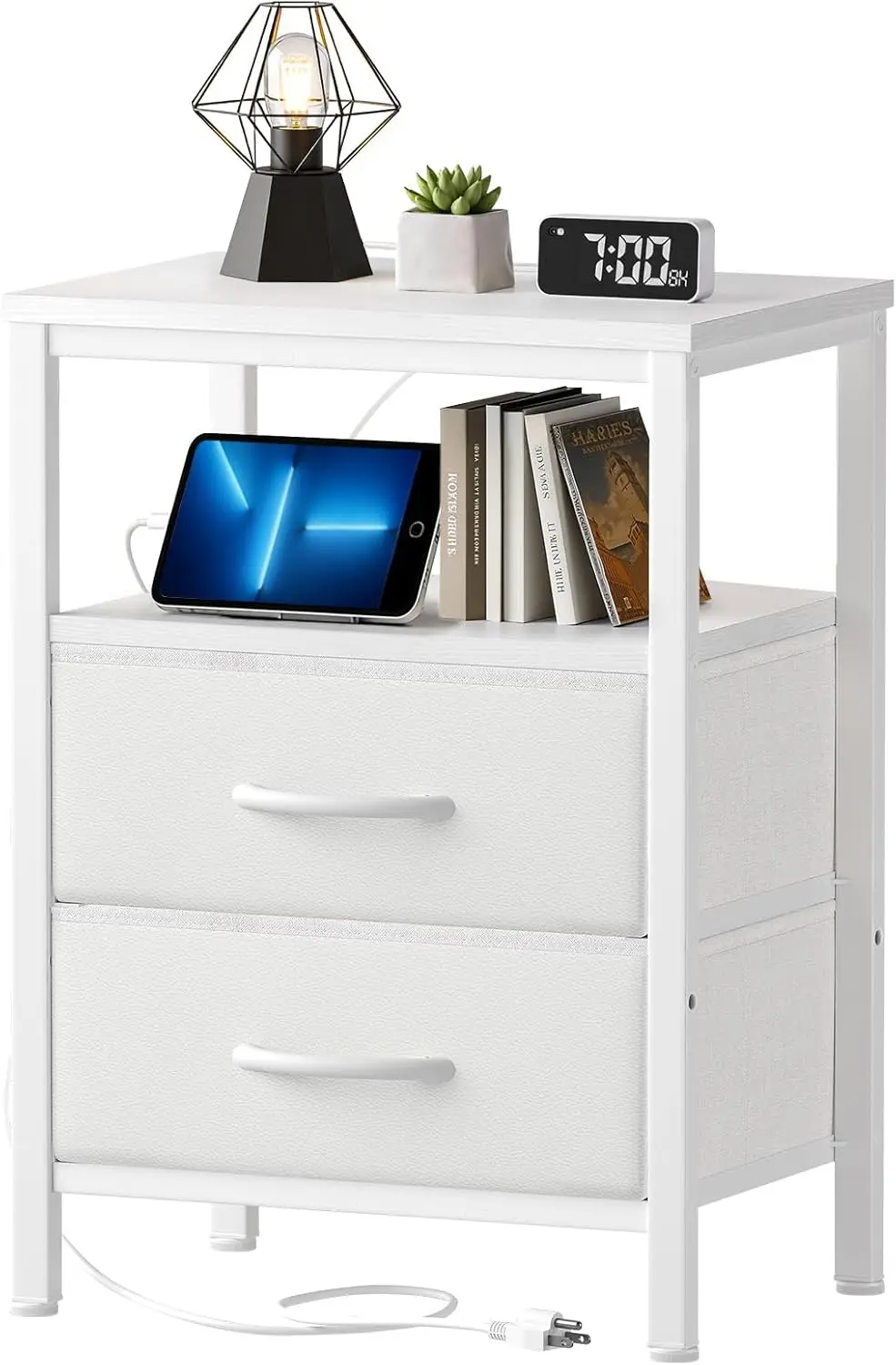 

Nightstand with Charging Station, Bedside Table with USB Ports & Outlets, Small Dresser End Table with 2 Fabric Drawer and Op