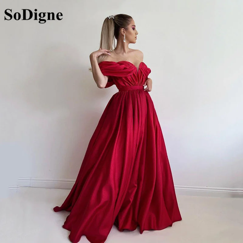 

SoDigne Gorgeous Long Satin Evening Dress Red Off the Shoulder Party Sexy Prom Gowns With Side Slit vestidos elegantes