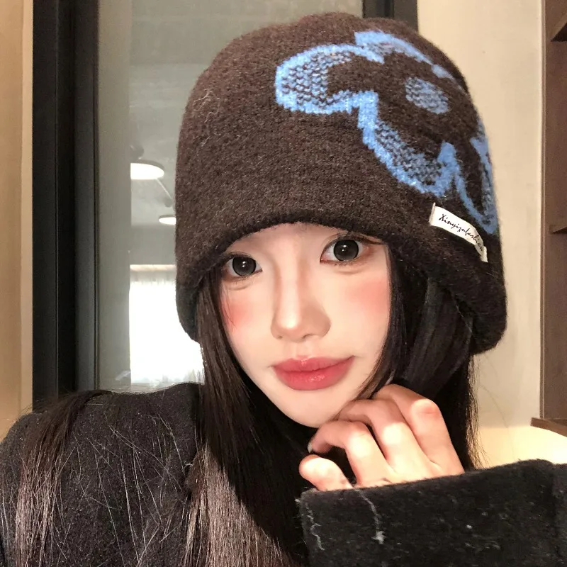 Autumn Winter Thickened Retro Jacquard Ear Flap Knitted Beanie Warm Thermal Soft Slimming Face for Women Korean Style Caps