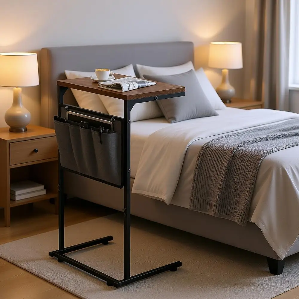 

C-Shaped End Table, Small Side Table, Couch and Recliner, Slide Under Sofa Tray Desk with Storage Bag, Rustic Brown