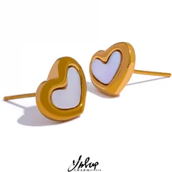 Yhpup 316 Stainless Steel Heart Stud Earrings for Women Charm Shell Gold Color Rust Proof Fashion Cute Romantic Basic Jewelry