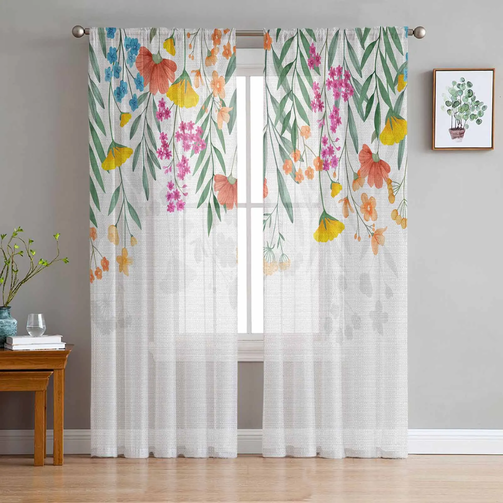 Flower Silhouette Watercolor Sheer Curtains for Living Room Bedroom Window Treatment Kitchen Chiffon Curtain