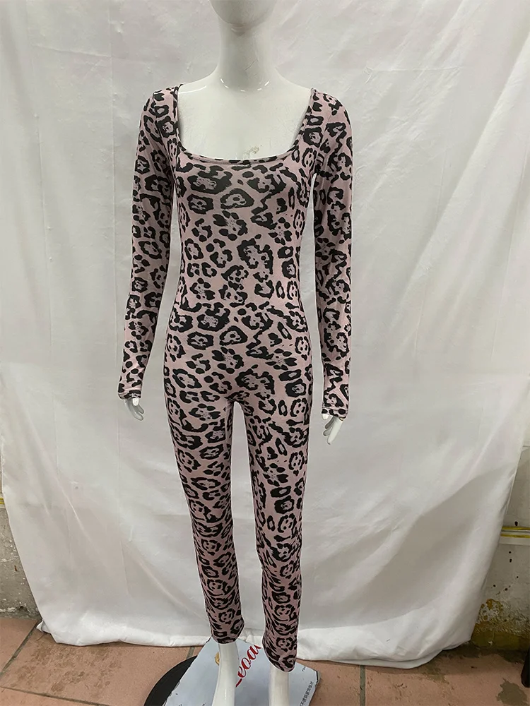 

Sexy and spicy girl personality trend leopard print long sleeved pants jumpsuit new fashion jumpsuit