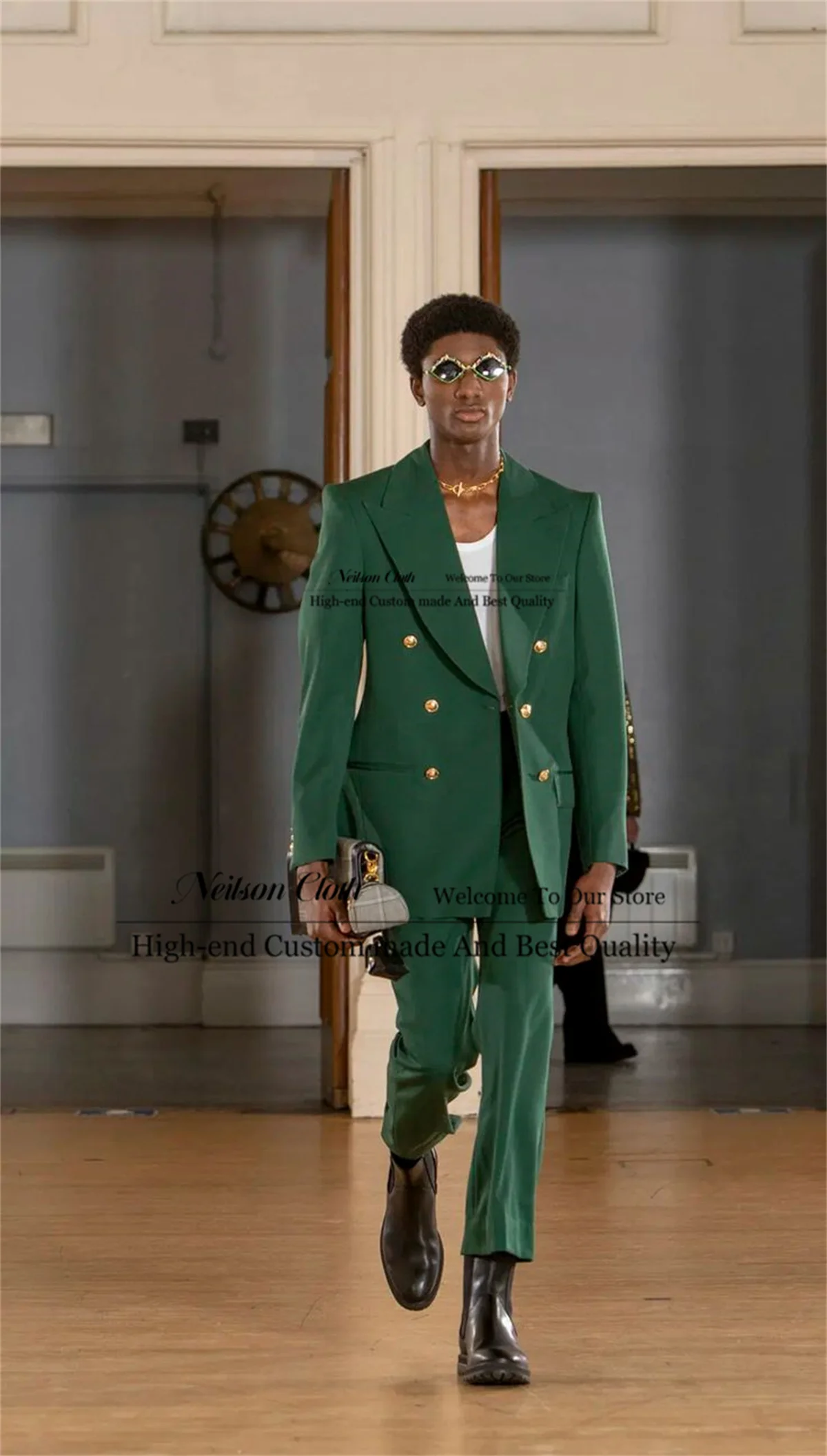

Green Double Breasted Male Prom Blazers Customized 2 Pieces Sets Groom Wedding Tuxedos Business Peaked Lapel Terno Masculino