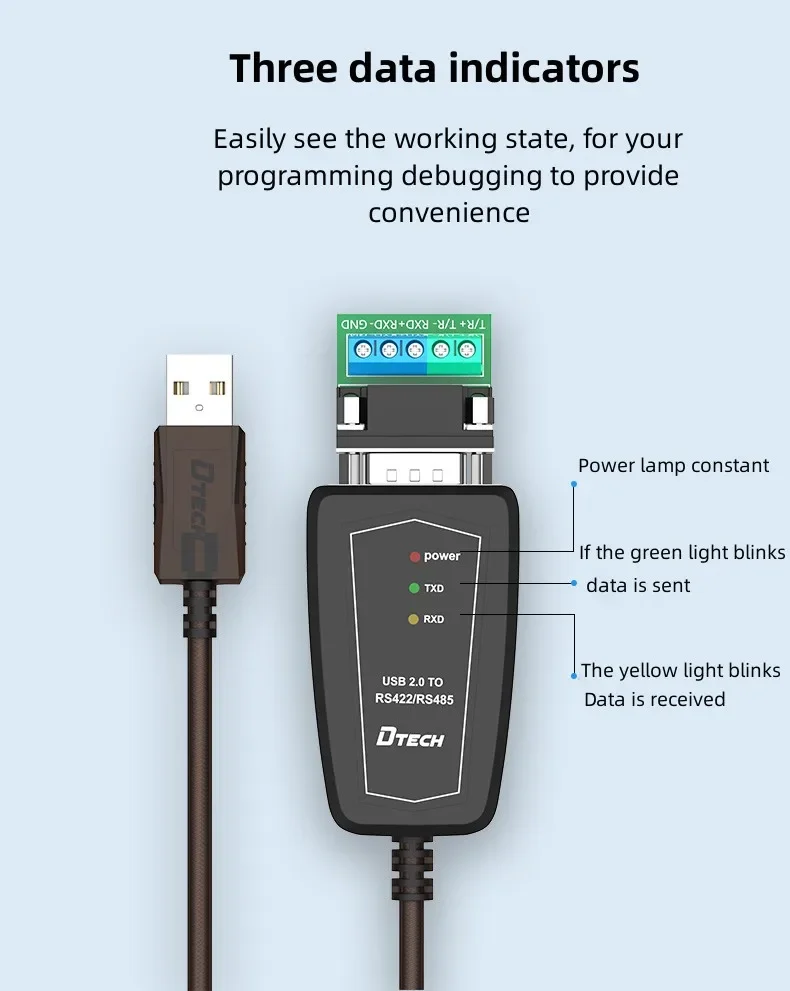 DTECH 1.5M High-speed Black USB2.0 to RS422/485 Converter Data Transmission Cable With Shielding