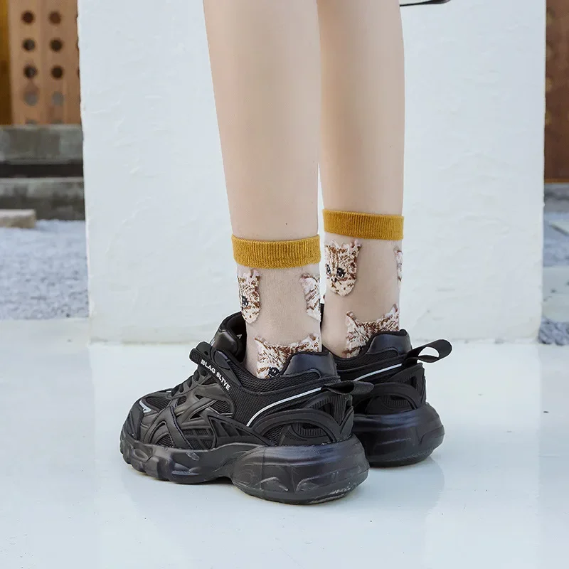 New Japanese Transparent Cute Cartoon Cat Harajuku with Print Fashion Clothes Spring Summer Ultra-thin Funny Women Tube Socks