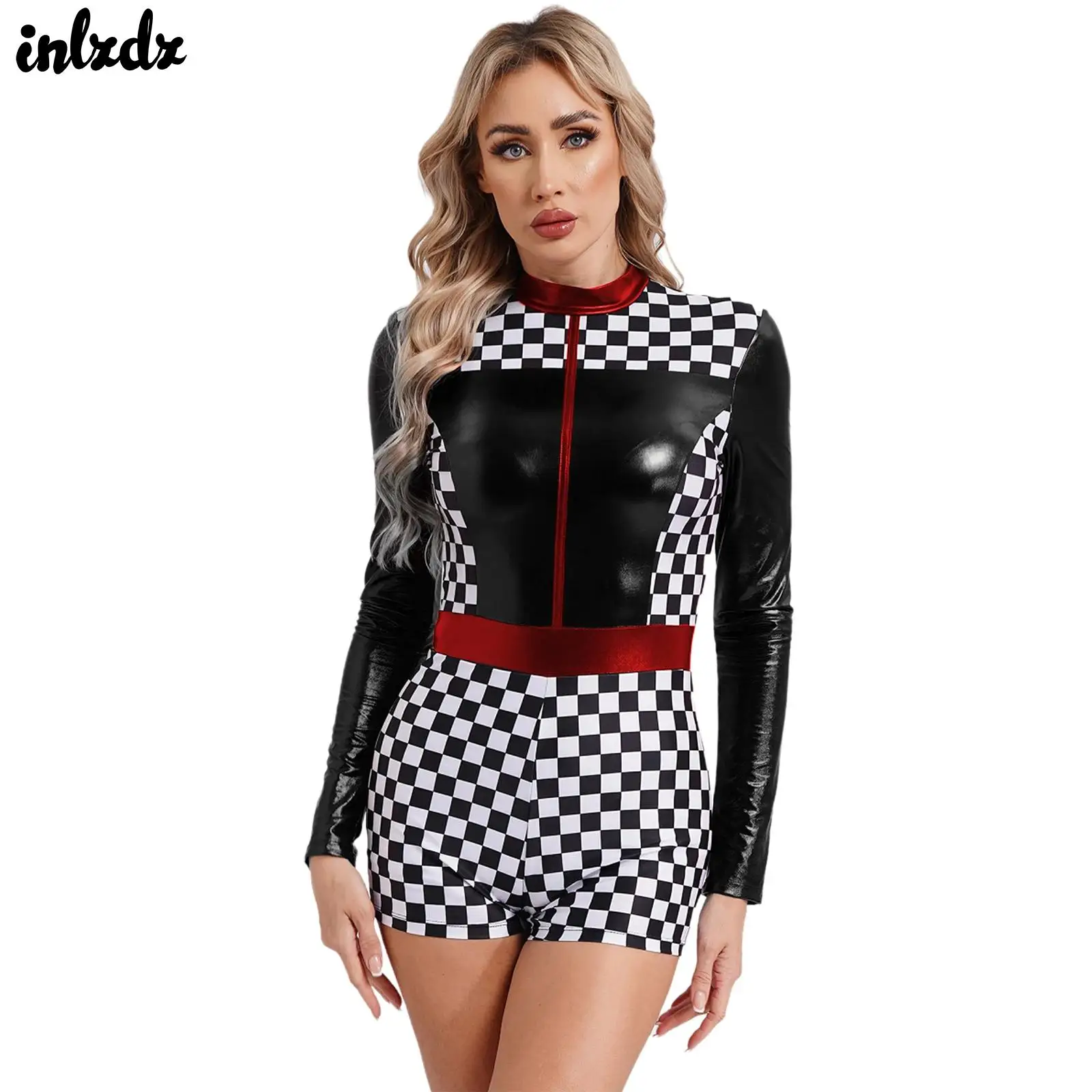 Womens Race Car Driver Cosplay Outfits Jumpsuit Racer Racing Girl Uniform Boyshorts Checkerboard Print Race Car Driver Jumpsuit