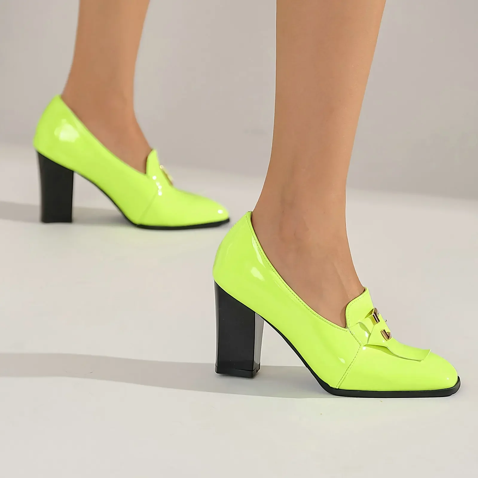 PU Patent Leather Neon Green Yellow Mature Lady Office Pumps Thick High Heels Extra Big Size 48 49 50 Women Stiletto Heels Shoes