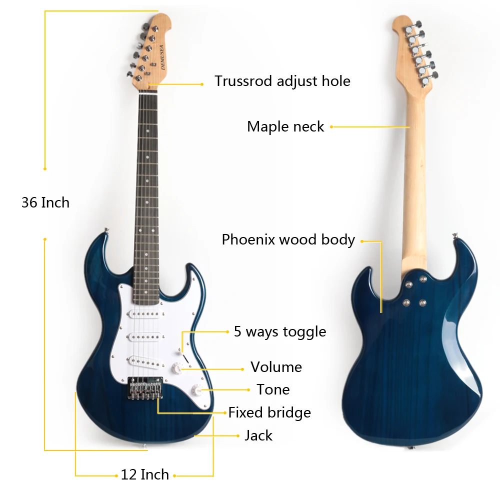 transparent blue color mini 36inch 3/4 size electric guitar for beginner kids starter phoenix body maple neck