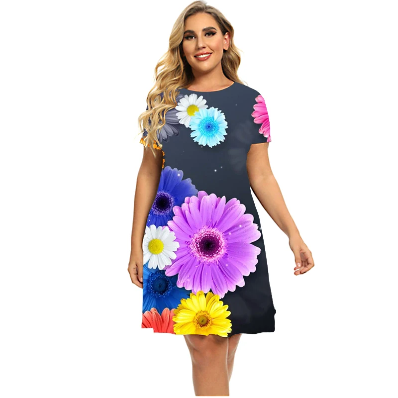 Nieuwe Gradient Plant Bloem Power Daisy 3D Print Jurken Zomer 2023 Vrouwen Hipple Korte Mouw Jurk Mode Kleding Plus Size