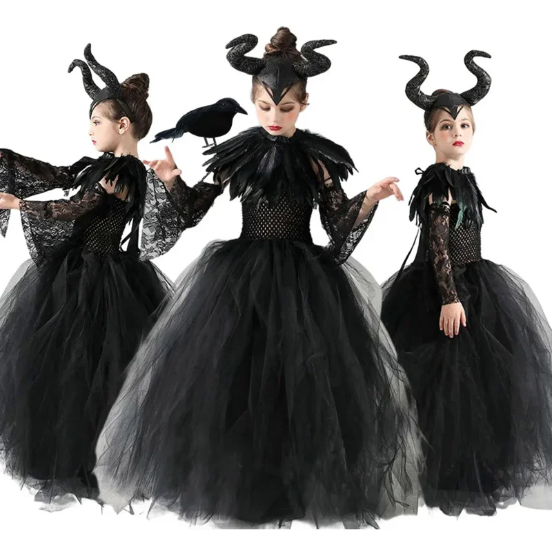 MUABABY Halloween Maleficent Tutu Dress Mistress of Evil Cosplay Costume for Girls Vallain Evil Queen Malefient Clothing Vesidos